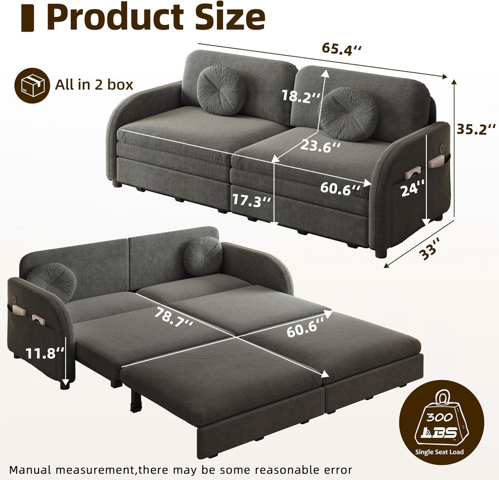 65.4'' Pull Out Couch Bed Queen Size, Chenille Sleeper Sofa Daybed, 3 in 1 Convertible Couches, Futon Sofa with 2 Pillows, Storage Pockets, USB, Loveseat for Small Spaces, Living Room, Grey