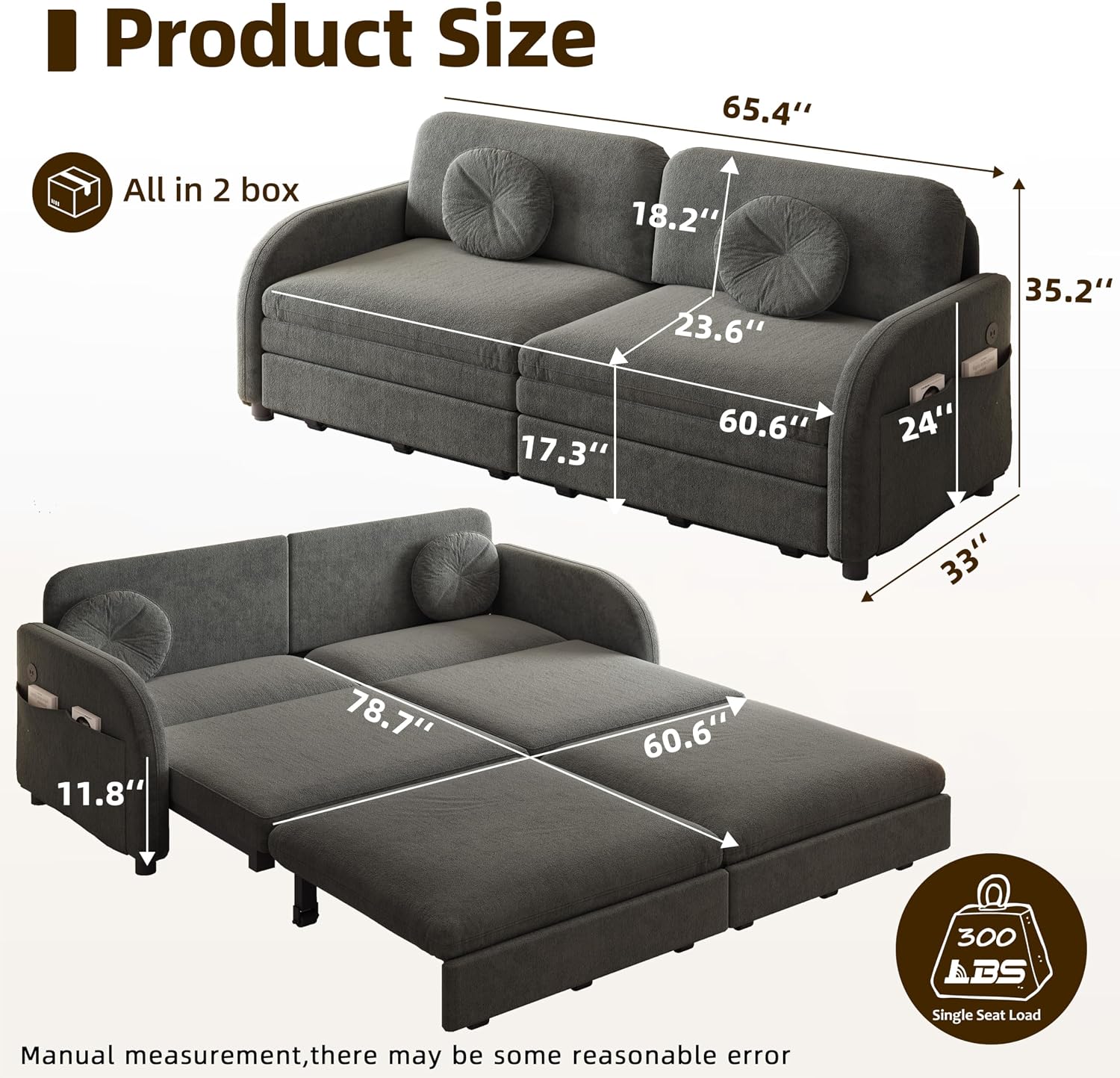 65.4'' Pull Out Couch Bed Queen Size, Chenille Sleeper Sofa Daybed, 3 in 1 Convertible Couches, Futon Sofa with 2 Pillows, Storage Pockets, USB, Loveseat for Small Spaces, Living Room, Grey
