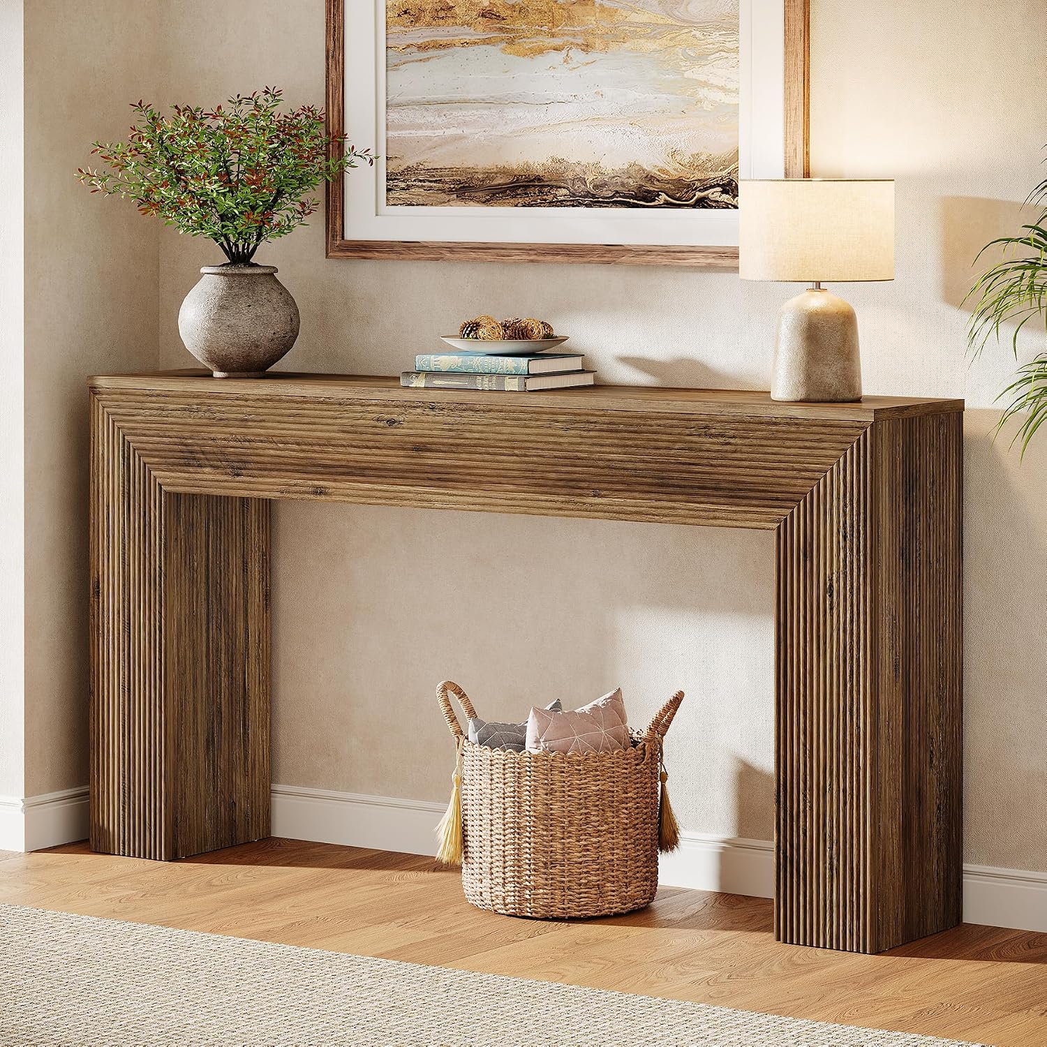Tribesigns 63' Console Table, Rustic Fluted Long Sofa Table Behind Couch for Entryway, Living Room, Hallway, Foyer, Brown