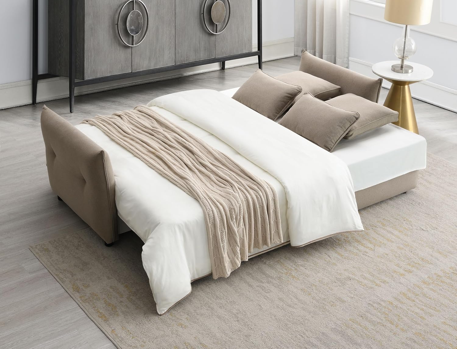 Acme Irina Fabric Upholstered Sofa with Full Size Sleeper and 4 Pillows in Beige