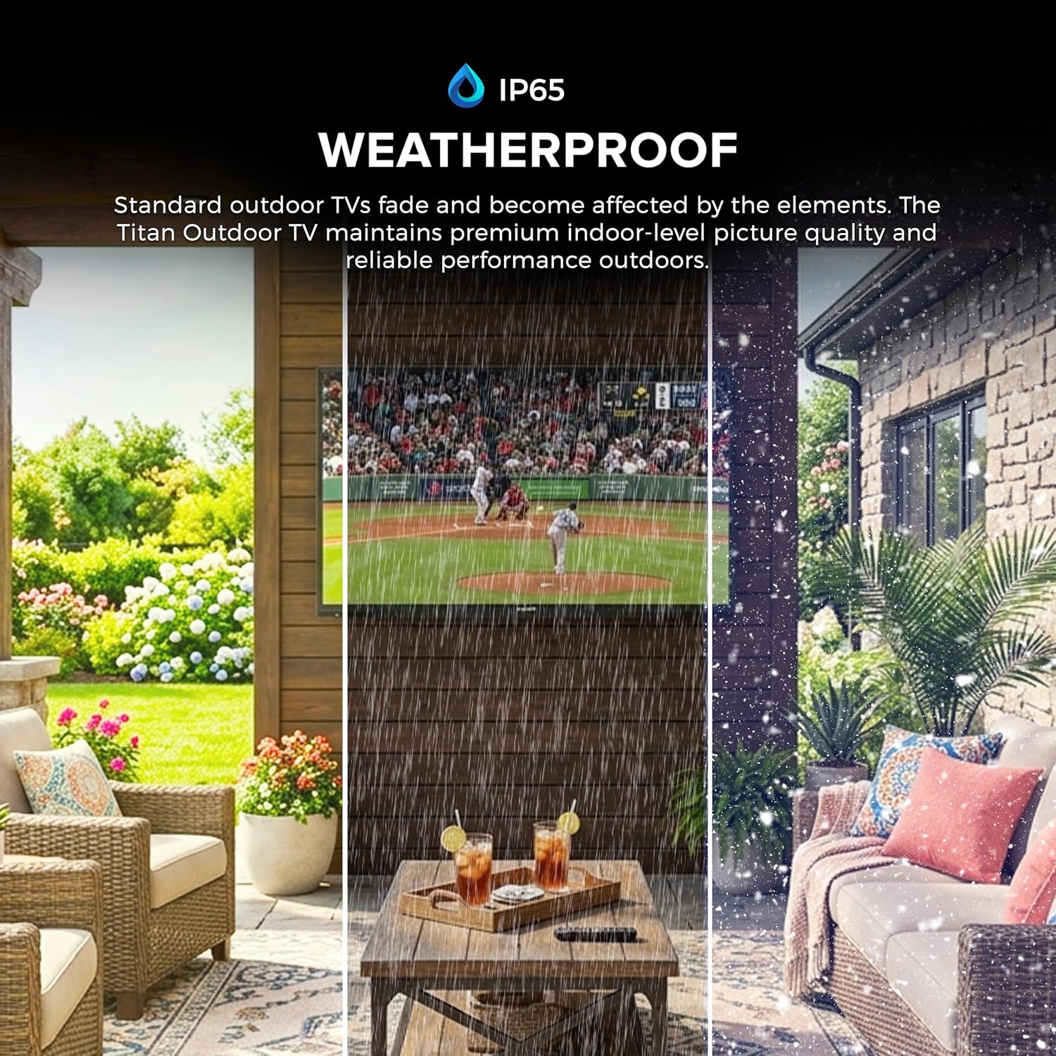 Titan L200 QNED 100 Inch Outdoor TV, Partial Sun, IP65 Smart Weatherproof TV, 4K HDR, 120 Hz, Web AI OS, 1500 Nits, Wi-Fi 6E, Dolby Digital, Outdoor TV Cover, Slim Bezel, 2 Yr Wty