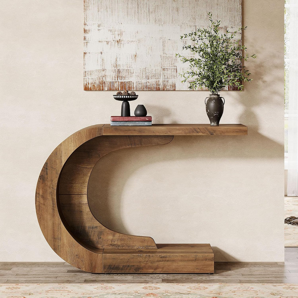Tribesigns 43.3' Mid-Century Modern Console Table for Entryway, Wood C-Shaped Hallway Entry Accent Table for Living Room, Entrance, Foyer, Easy Assembly, Brown