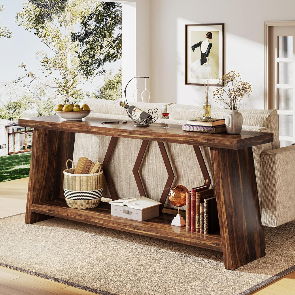 Tribesigns 70.86-Inch Farmhouse Console Table, Industrial Narrow Long Sofa Entryway Table with Storage, 2-Tier Wood Couch Foyer Accent Table for Living Room, Hallway, Entrance (Brown)