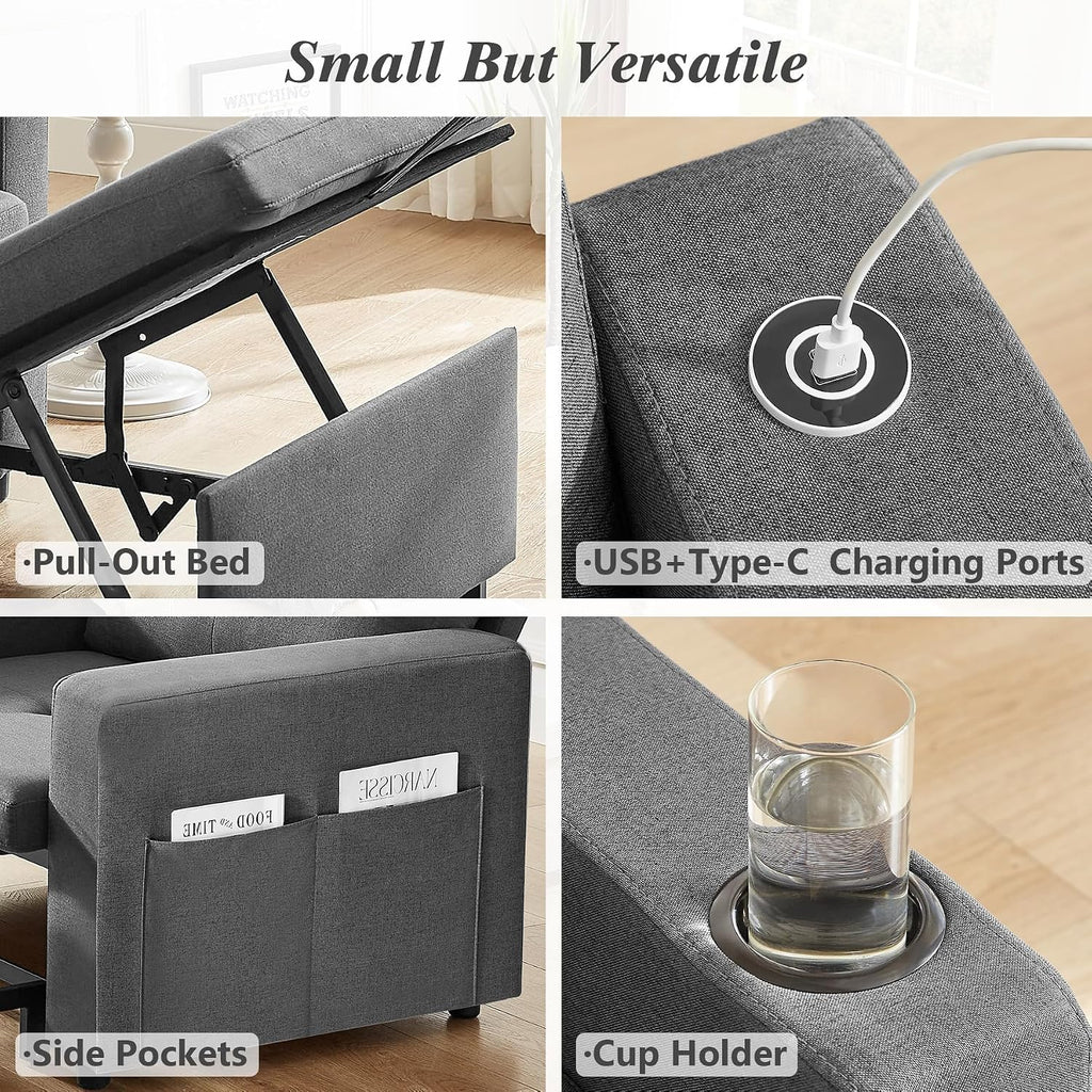 WEUP 42.5' Sleeper Sofa Chair Bed, 3-in-1 Convertible Sleeper Chair with Pull Out Bed, Adjustable Reclining Backrest, Side Pockets, Cup Holder, USB Ports & Wing Table, Premium Dark Grey