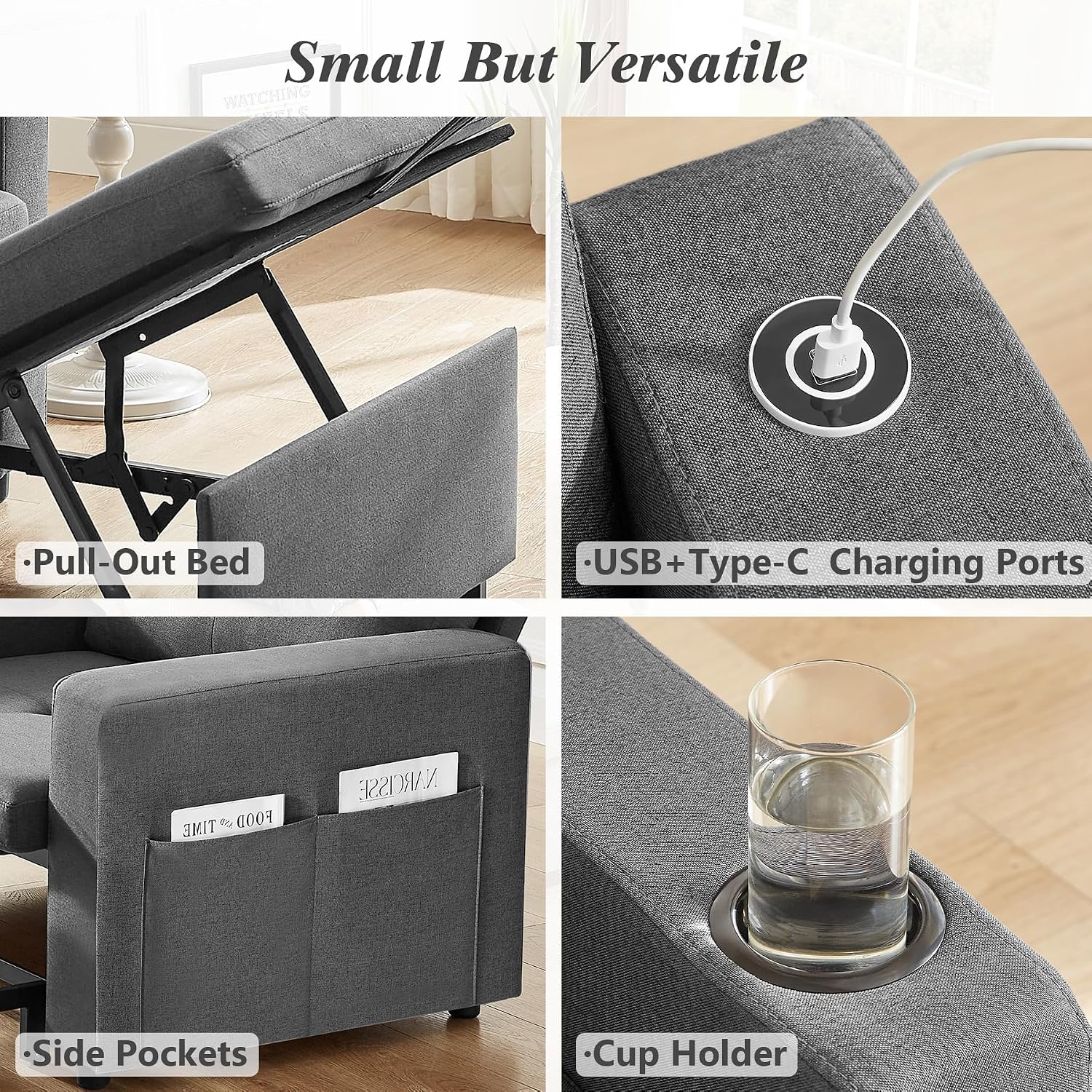 WEUP 42.5' Sleeper Sofa Chair Bed, 3-in-1 Convertible Sleeper Chair with Pull Out Bed, Adjustable Reclining Backrest, Side Pockets, Cup Holder, USB Ports & Wing Table, Premium Dark Grey