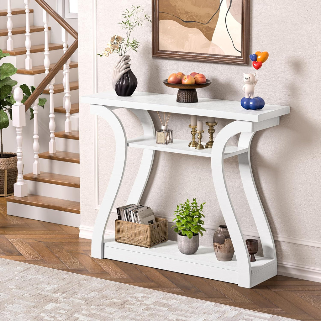 Wooden Console Table with Curved Legs and Shelf, 3-Tier Modern Accent Narrow Sofa Table for Entrance Area, Living Room, Hallway, 47 in Wide Wood Console Table for Entryway (White)