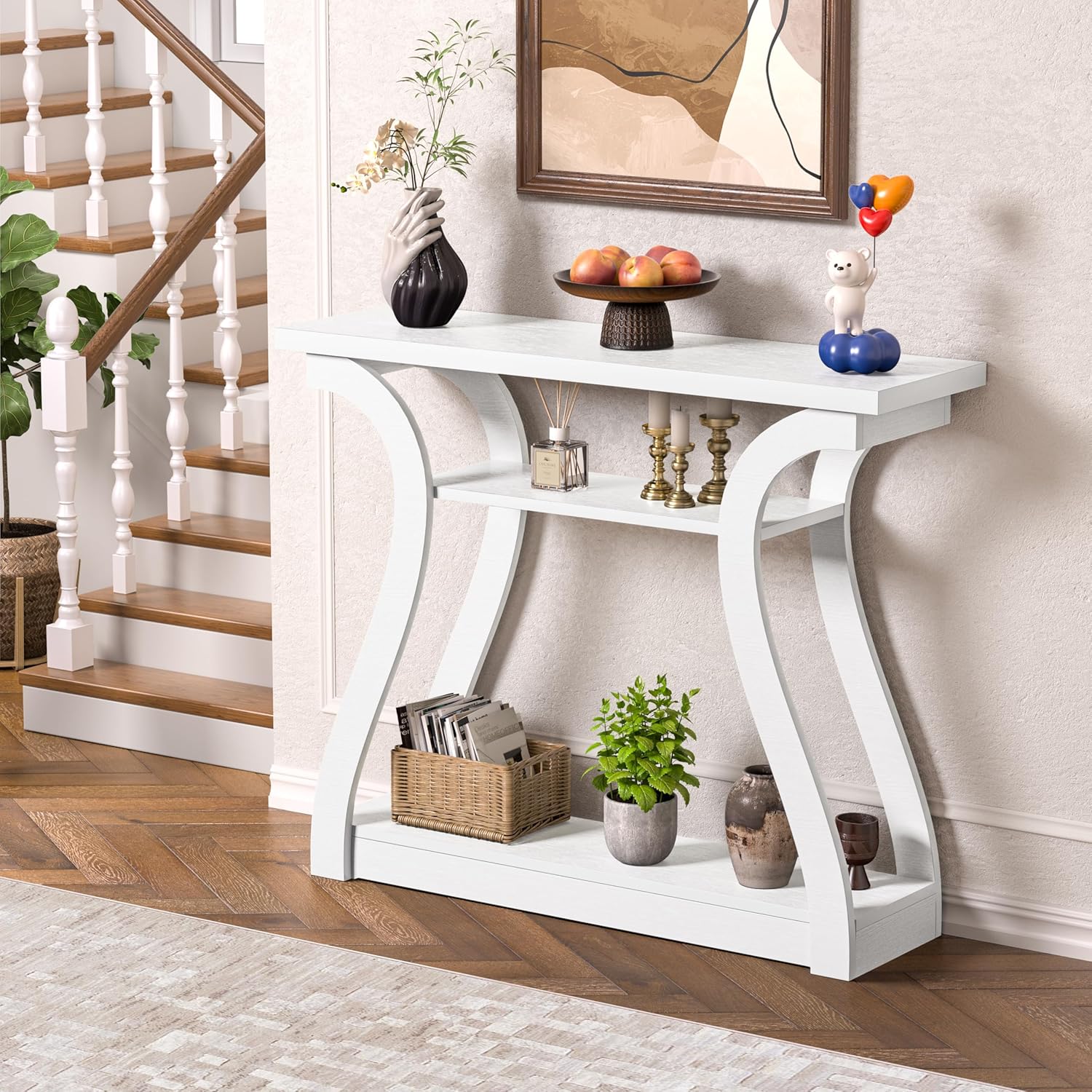 Wooden Console Table with Curved Legs and Shelf, 3-Tier Modern Accent Narrow Sofa Table for Entrance Area, Living Room, Hallway, 47 in Wide Wood Console Table for Entryway (White)