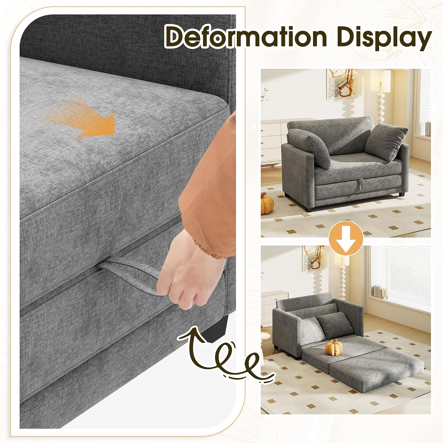 Myroyalsit 51' Convertible Sofa Bed, 2 in1 Folding Sofa Bed, Loveseat Sleeper Sofa for Small Spaces, Fold Out Floor Couch with 2 Pillows for Apartment, Living Room & Guest Room, Grey Chenille Fabric