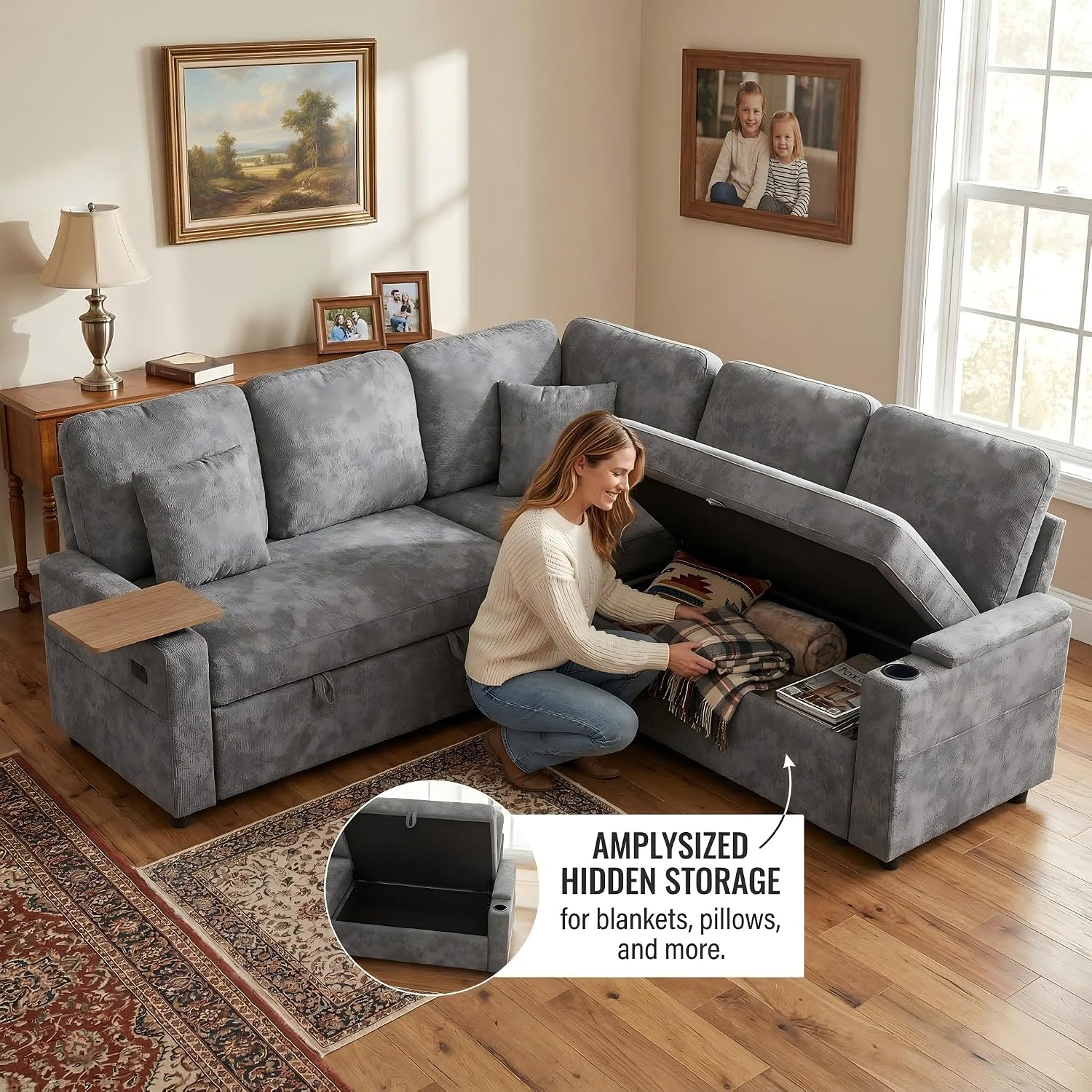 81' Modular Sectional Sofa, L Shaped 5-Seater Sleeper Sofa with Pull Out Bed, Hidden Storage, Cup Holders & USB Charging Ports, Sectional Couches for Living Room, Chenille, Grey