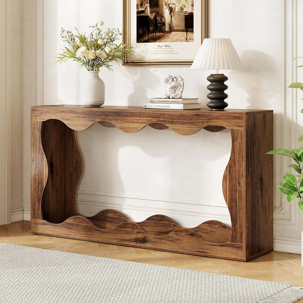 LITTLE TREE 63-Inch Entryway Table, Chic Design, Farmhouse Sofa Table Behind Couch, Scalloped Console Table with Build-in Storage Space for Entryway, Living Room, Hallway
