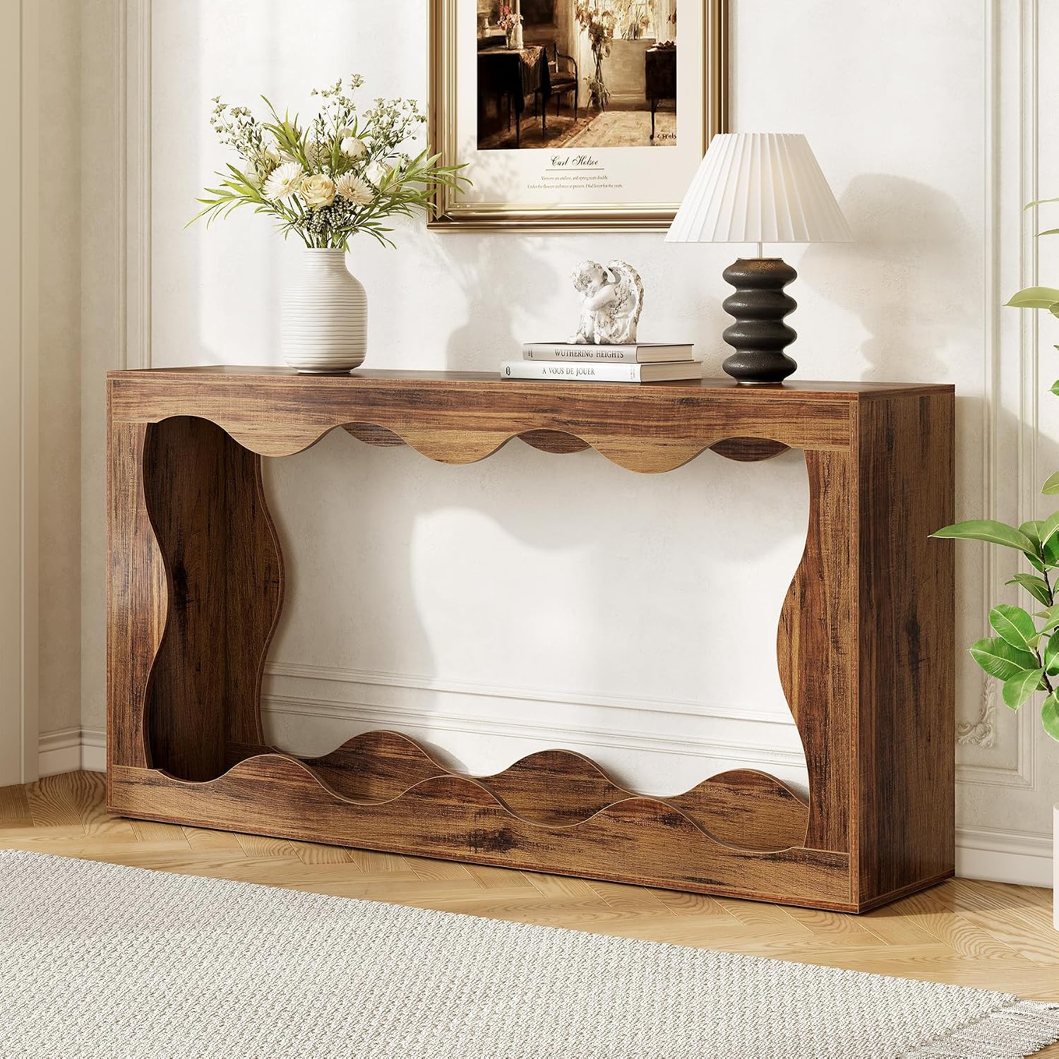 LITTLE TREE 63-Inch Entryway Table, Chic Design, Farmhouse Sofa Table Behind Couch, Scalloped Console Table with Build-in Storage Space for Entryway, Living Room, Hallway