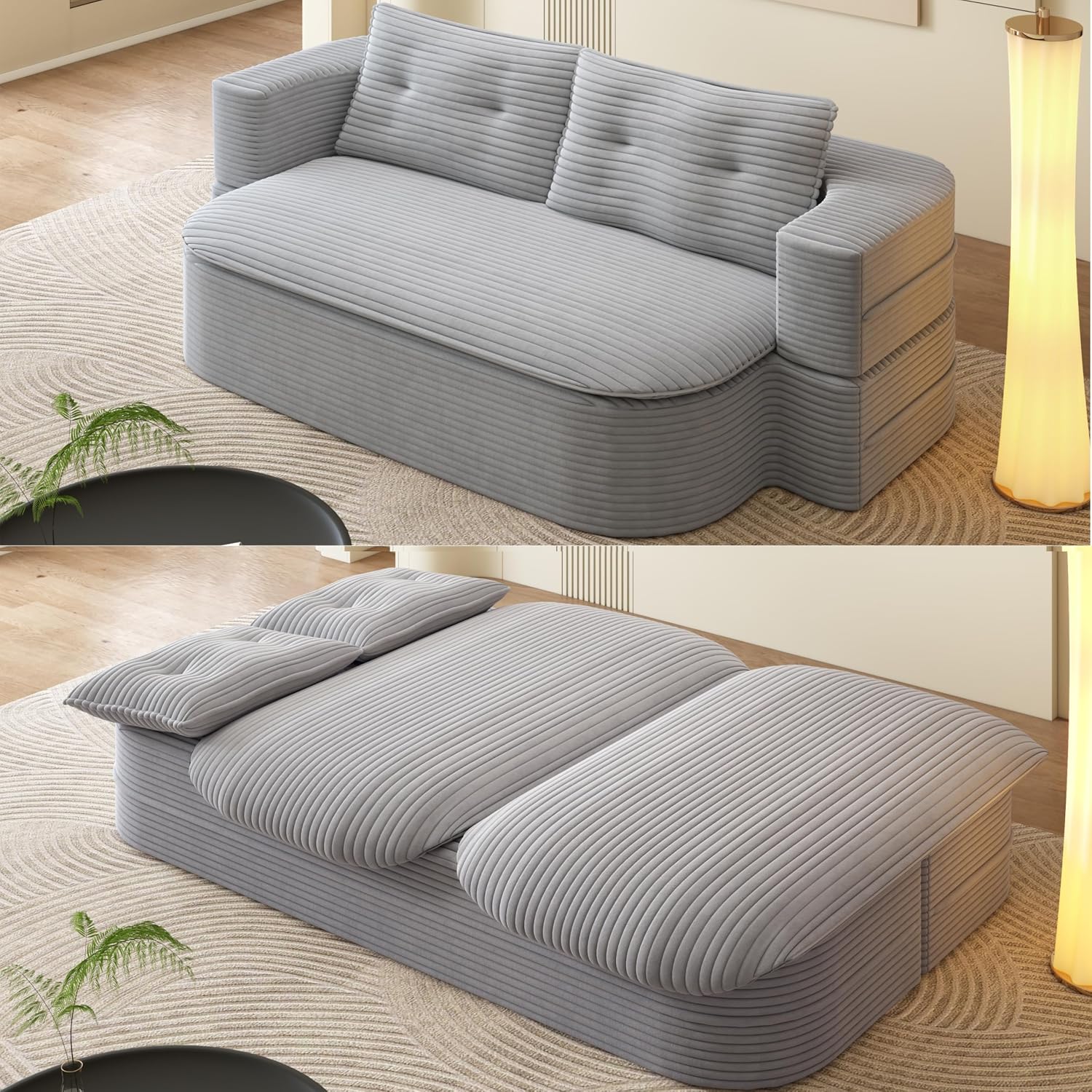 78.7' Convertible Folding Sofa Bed, Queen Sleeper Sofa with Multi Functional Blanket, Corduroy Fabric Floor & Futon Loveseat Couch, Foam Folding Mattress Sleeper for Living Room, Apartment, Light Grey