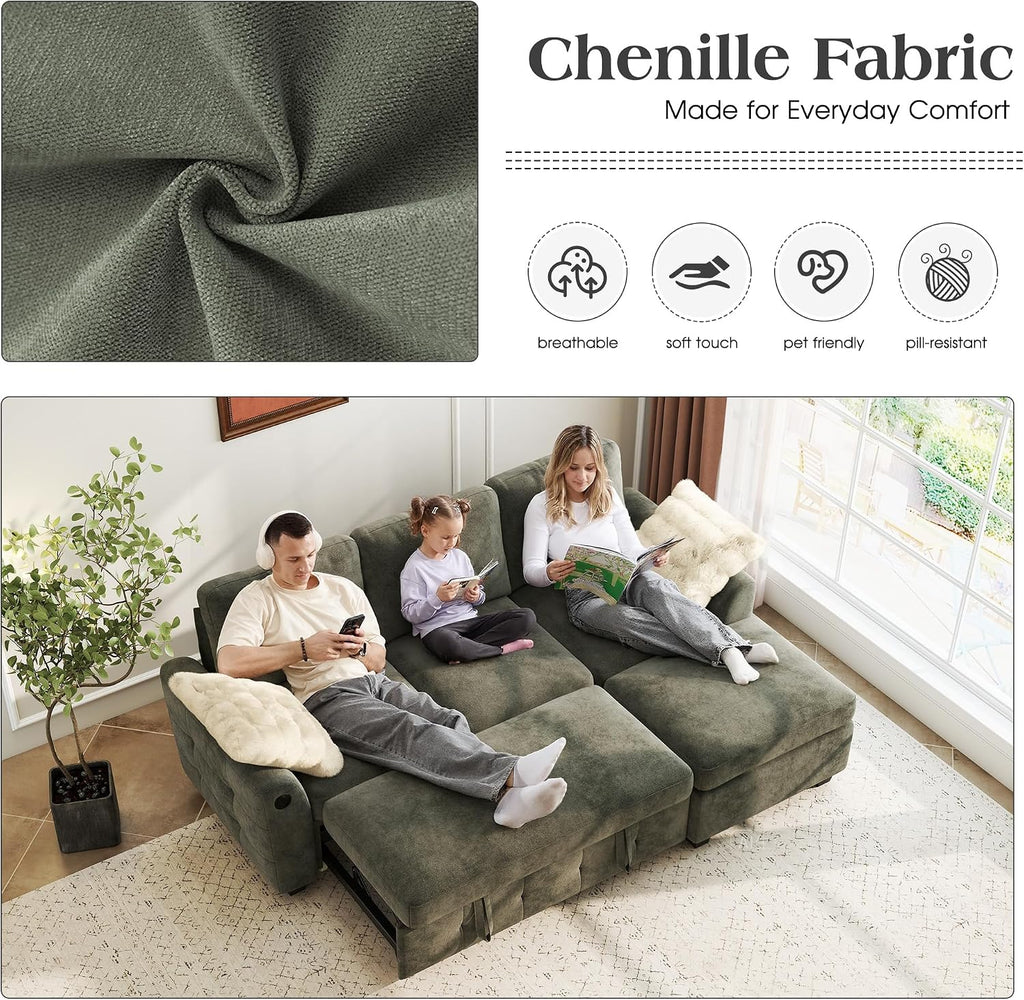 Ihanherry Modular Convertible Sectional Sofa Bed, Reversible Chaise & Storage Ottoman, 3-Seater Pull Out Sleeper with USB Ports & Chenille Fabric, for Small Space, Living Room, Apartment（Gray）