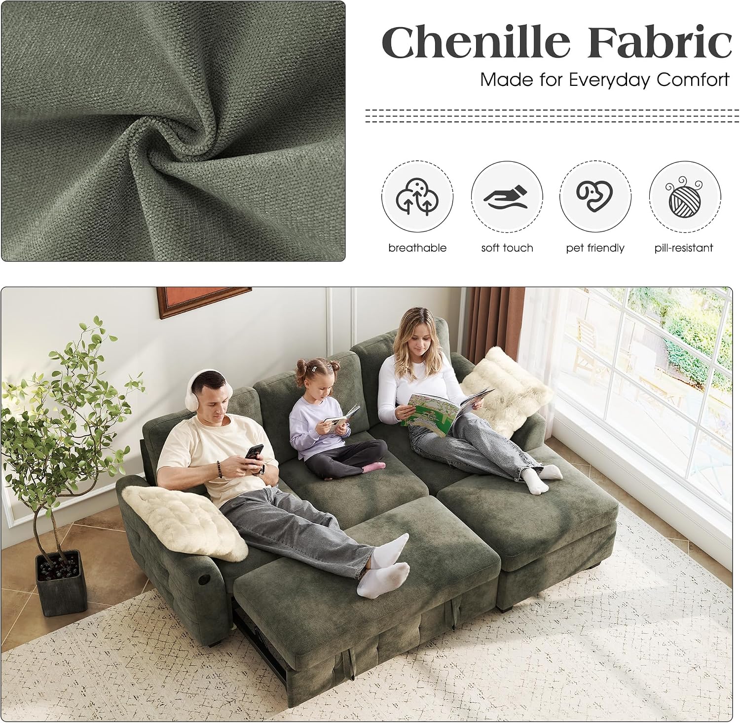 Ihanherry Modular Convertible Sectional Sofa Bed, Reversible Chaise & Storage Ottoman, 3-Seater Pull Out Sleeper with USB Ports & Chenille Fabric, for Small Space, Living Room, Apartment（Gray）