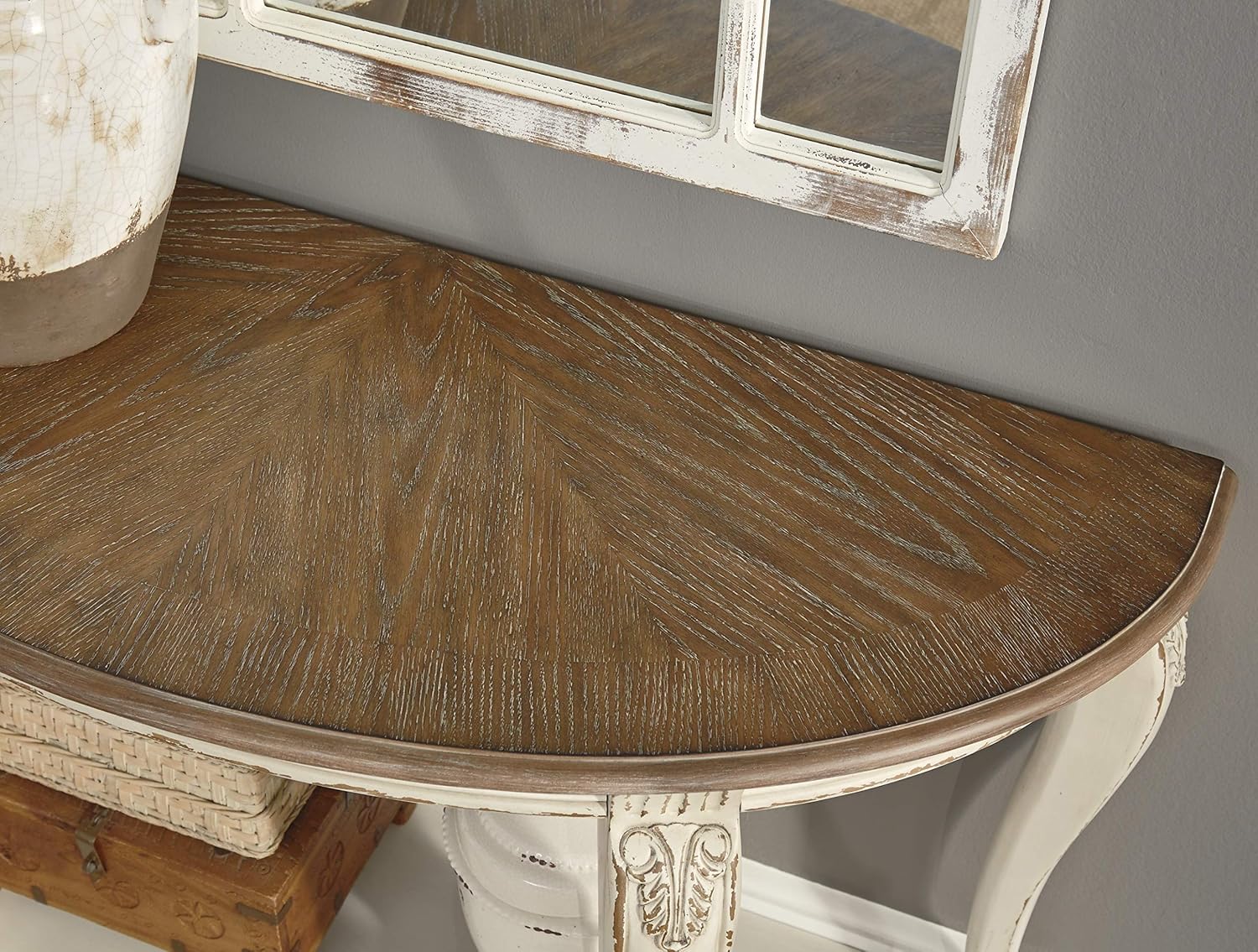 Signature Design by Ashley Realyn French Country Semi-Circle Console Table, White & Brown