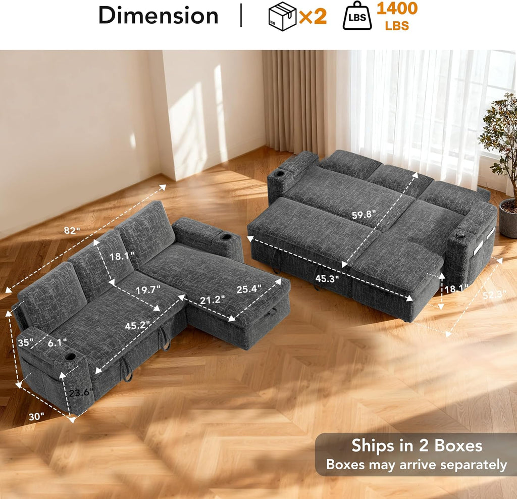 Sunny Heart L-Shaped Sleeper Sofa with Pull Out Bed, 82' Sectional Couch with Reclining Backrest, Reversible Storage Chaise, Armrest Storage, Cup Holders, and Side Pockets, Tool-Free Assembly, Grey