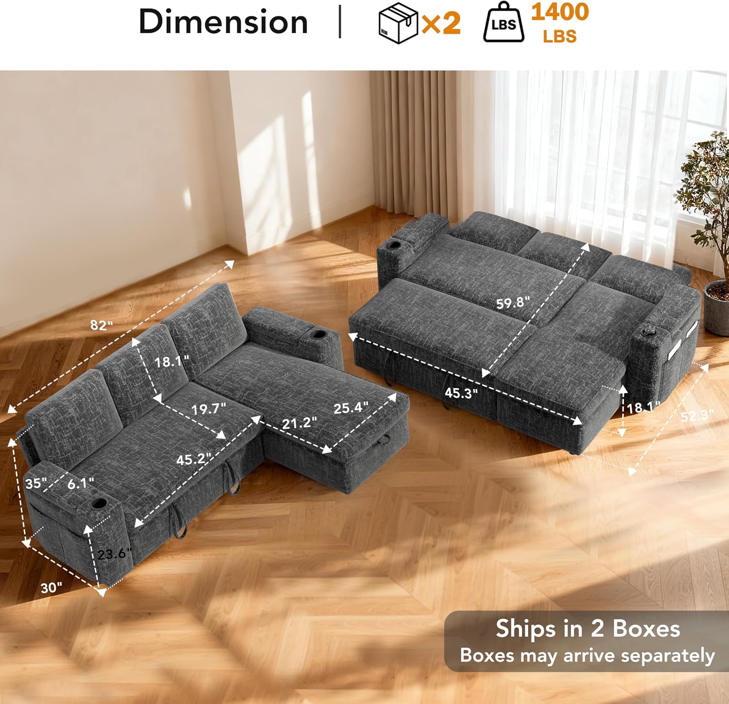 Sunny Heart L-Shaped Sleeper Sofa with Pull Out Bed, 82' Sectional Couch with Reclining Backrest, Reversible Storage Chaise, Armrest Storage, Cup Holders, and Side Pockets, Tool-Free Assembly, Grey