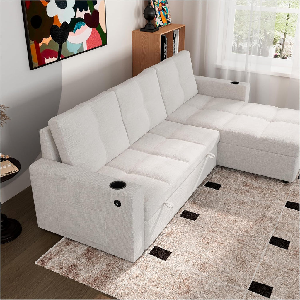 85 Inch Dual-Use Sectional Sleeper Sofa - Pull Out Bed with Storage Chaise, Removable Backrest, USB Ports & Cup Holder for Home Light,Beige