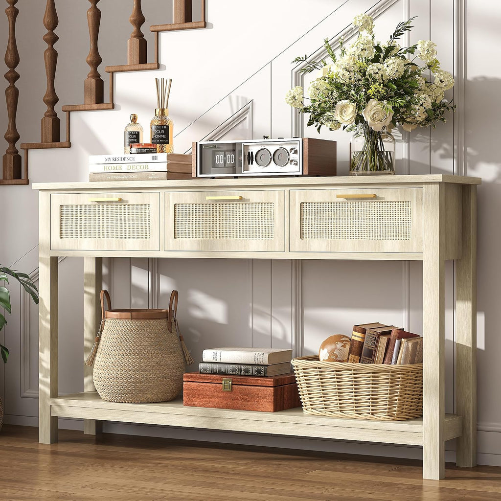 ELYKEN Rattan 51.2' Console Table with 3 Drawer, Entryway Table with Drawer & Shelf, Boho Sofa Table Behind Couch Foyer for Living Room, Hallway, Natural Wood