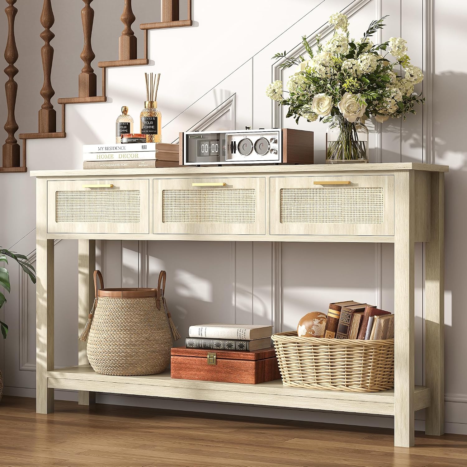 ELYKEN Rattan 51.2' Console Table with 3 Drawer, Entryway Table with Drawer & Shelf, Boho Sofa Table Behind Couch Foyer for Living Room, Hallway, Natural Wood