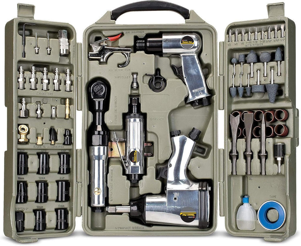 Trades Pro Air Tool and Accessories Kit, 71 Piece, Impact Wrench, Air Ratchet, Die Grinder, Aire Hammer, Hose Fittings, Storage Case - 836668