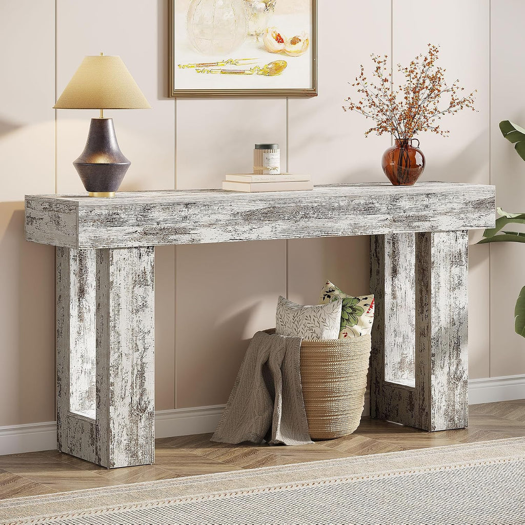 Tribesigns 63-Inch Long Console Table, Wooden Rectangular Sofa Table Behind The Couch, Farmhouse Entryway Table for Entrance, Hallway, Living Room (Distressed White)