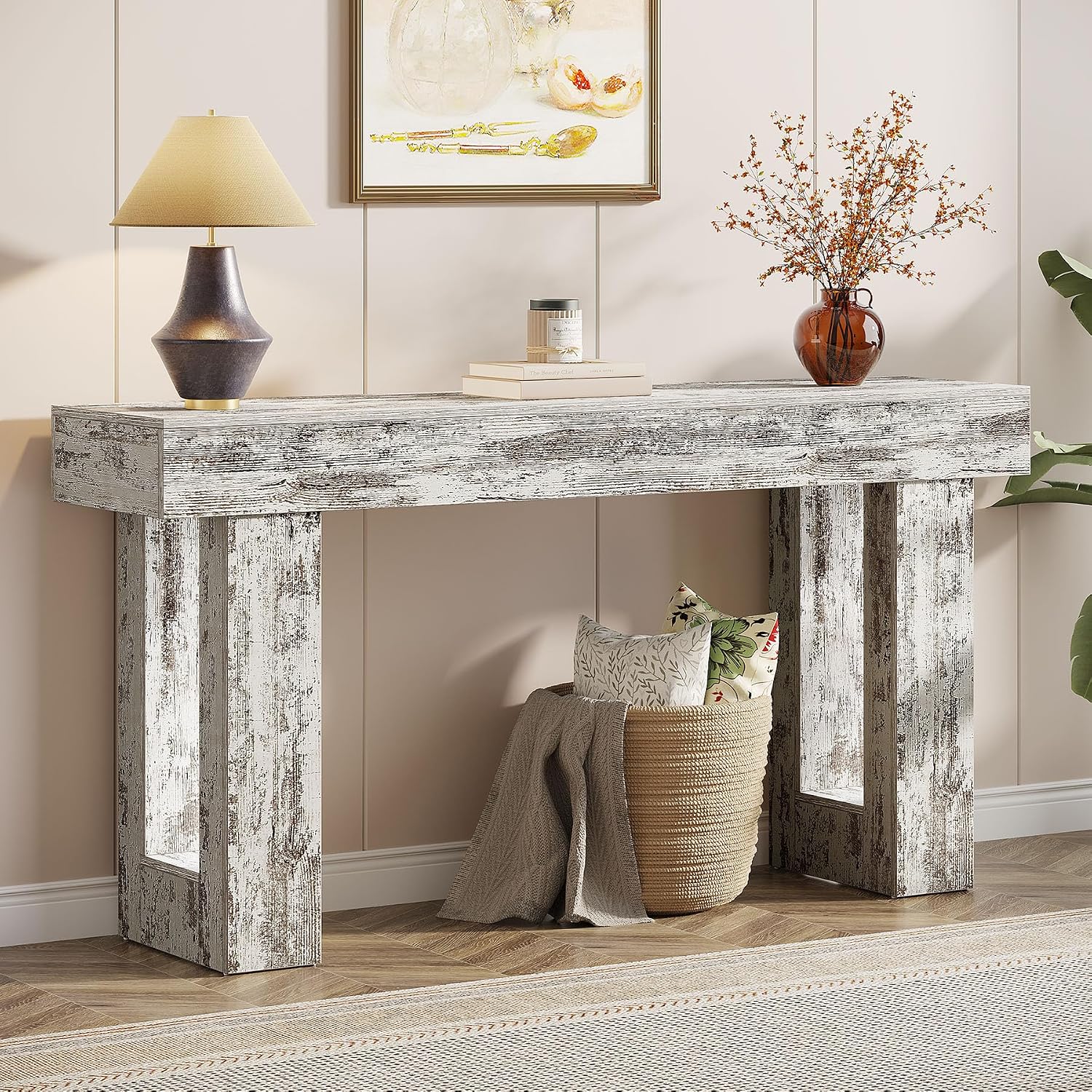 Tribesigns 63-Inch Long Console Table, Wooden Rectangular Sofa Table Behind The Couch, Farmhouse Entryway Table for Entrance, Hallway, Living Room (Distressed White)