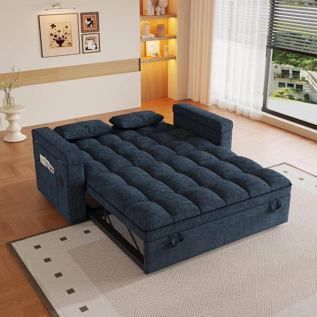 3 in 1 Convertible Sleeper Sofa, 65in Sleeper Couch with Pull Out Bed, Oversized Loveseat Futon Sofa Hide-A-Bed w/Adjustable Backrest, Storage Armrests and Laptop Table for Living Room, Blue | Sleeper Sofa, Pullout Couch Bed, Small Places