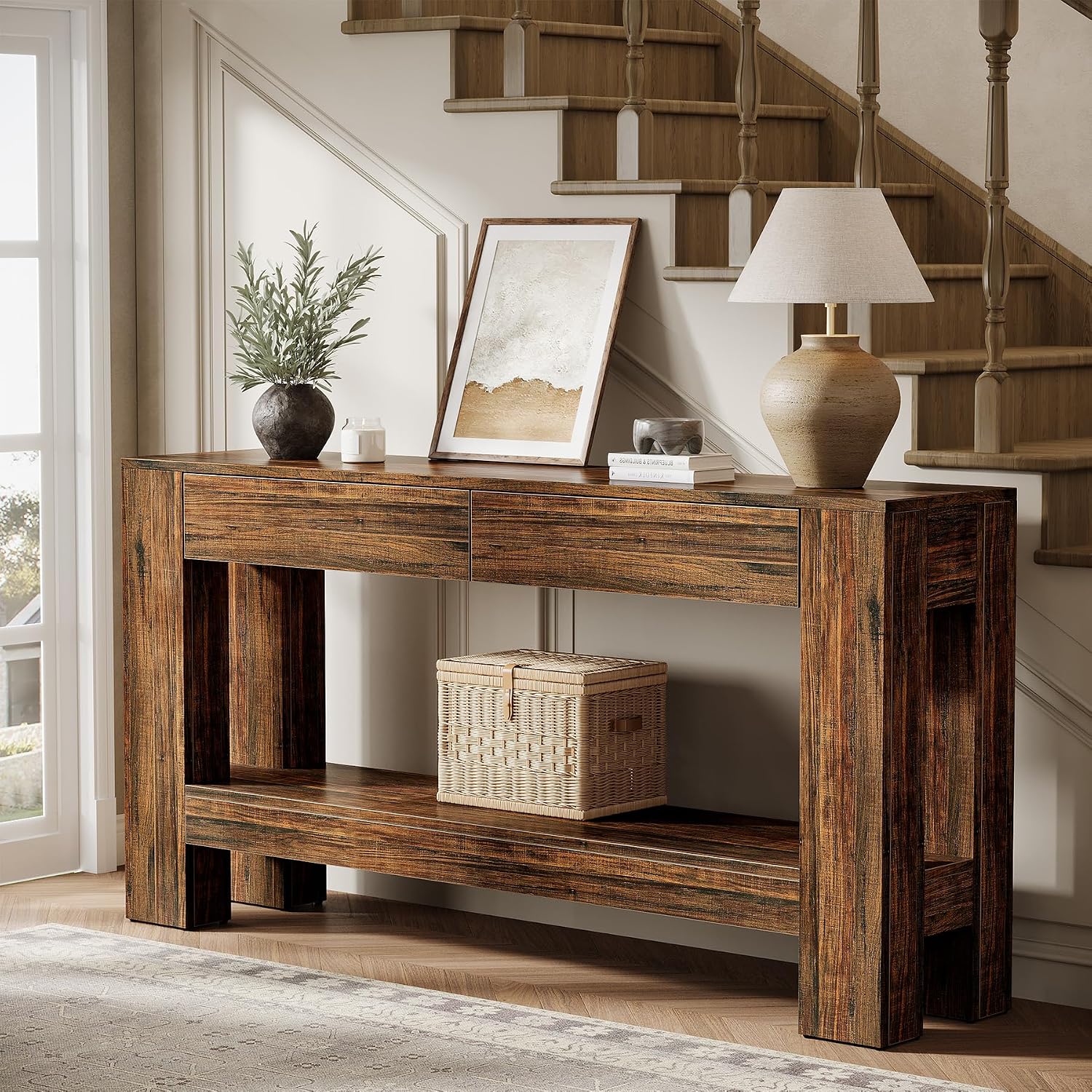 Tribesigns 63-Inch Console Table with 2 Drawers, 2-Tier Wooden Sofa Table Behind Couch, Farmhouse Entryway Console with Storage Shelf for Living Room, Entrance, Hallway (Dark Brown)
