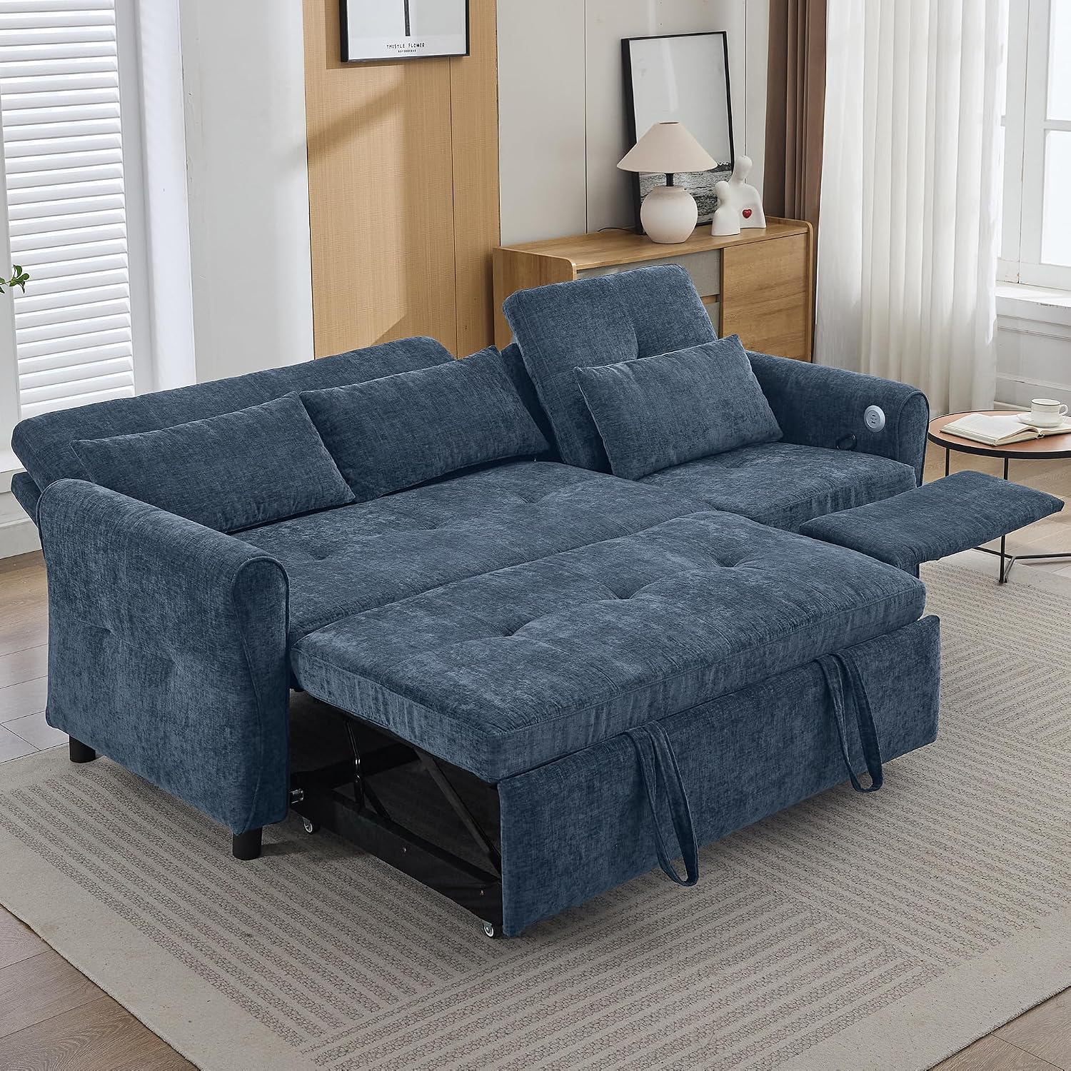 Merax 2-in-1 Convertible Sofa Bed & Recliner Sofa, 82' 3-Seater Sofa, Pull-Out Sleeper Sofa, 3 Level Adjustable Backrest, Reversible Left/Right, with USB Charging Ports, Easy to Assemble (Blue)