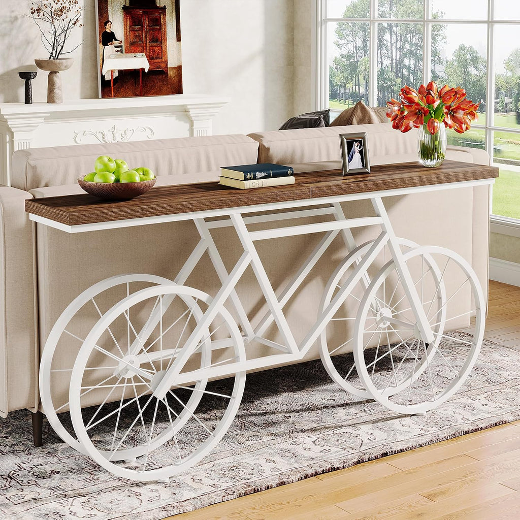 Tribesigns 70.9-Inch Extra Long Console Table, Narrow Sofa Table with Bicycle Metal Base, Modern Industrial Entryway Table for Living Room, Hallway, Entrance, Foyer, Rustic Brown & White