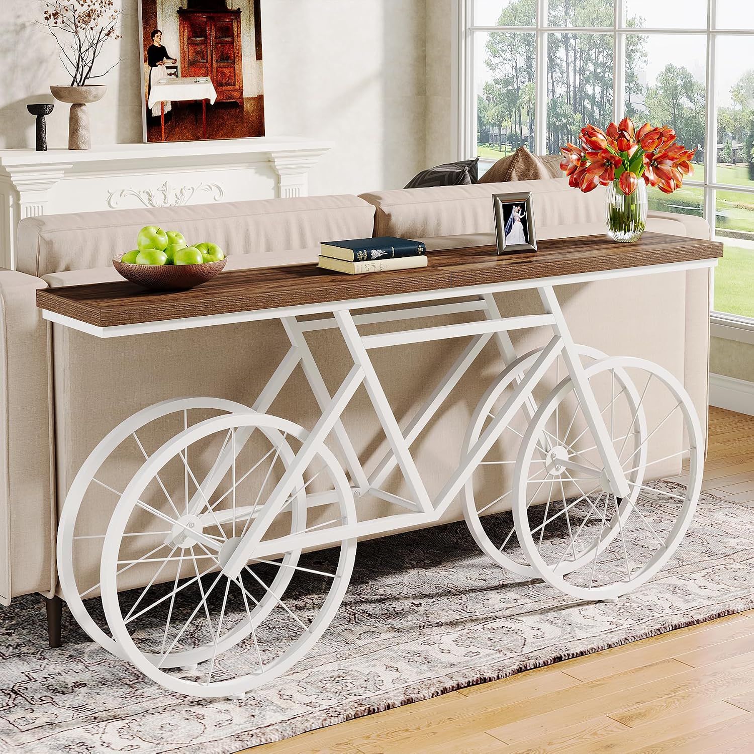 Tribesigns 70.9-Inch Extra Long Console Table, Narrow Sofa Table with Bicycle Metal Base, Modern Industrial Entryway Table for Living Room, Hallway, Entrance, Foyer, Rustic Brown & White