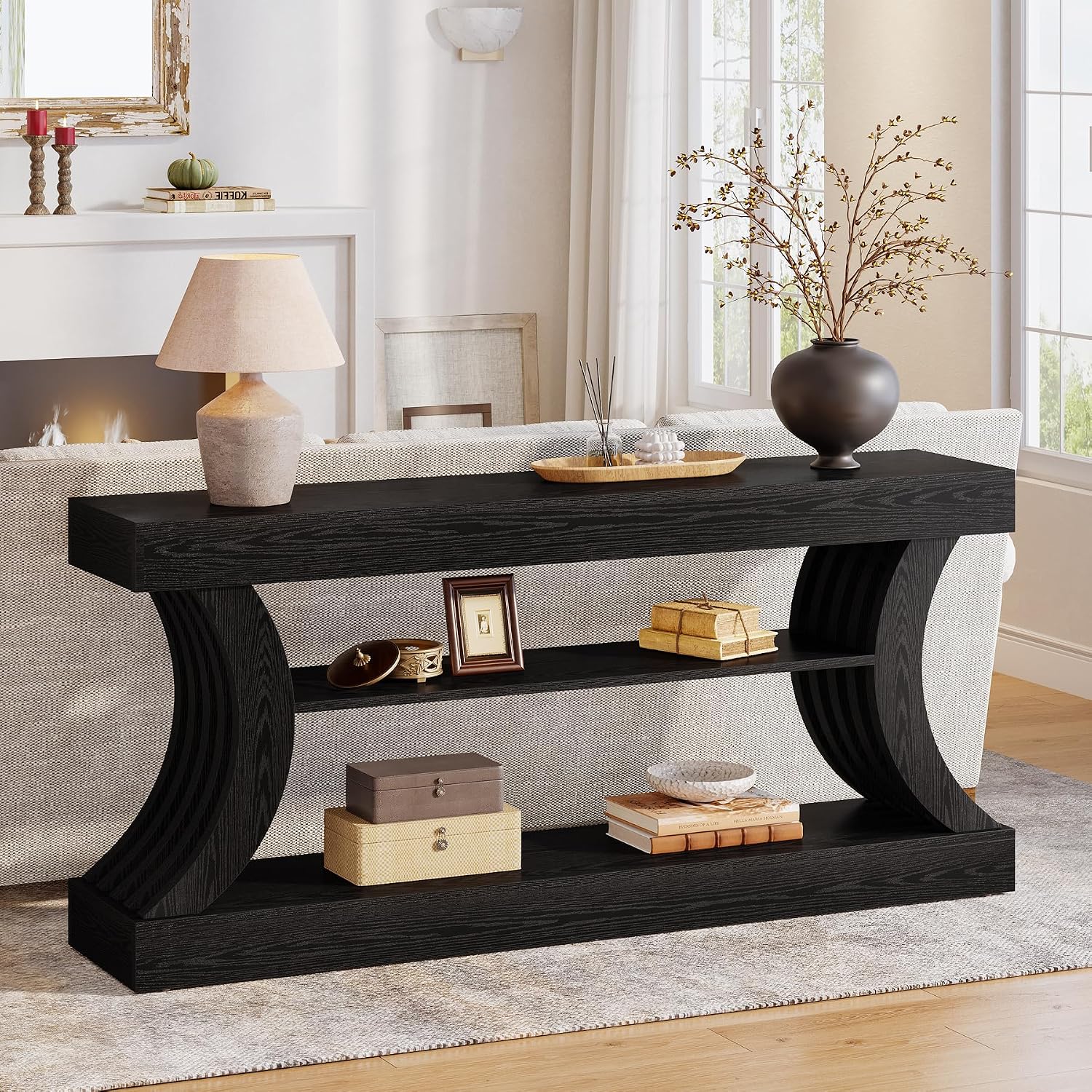 Tribesigns 70.9-Inch Long Farmhouse Entryway Console Table with Storage, 3-Tier Wooden Couch Table Behind Sofa, for Entry, Entrance, Hallway, Foyer, Living Room, Black