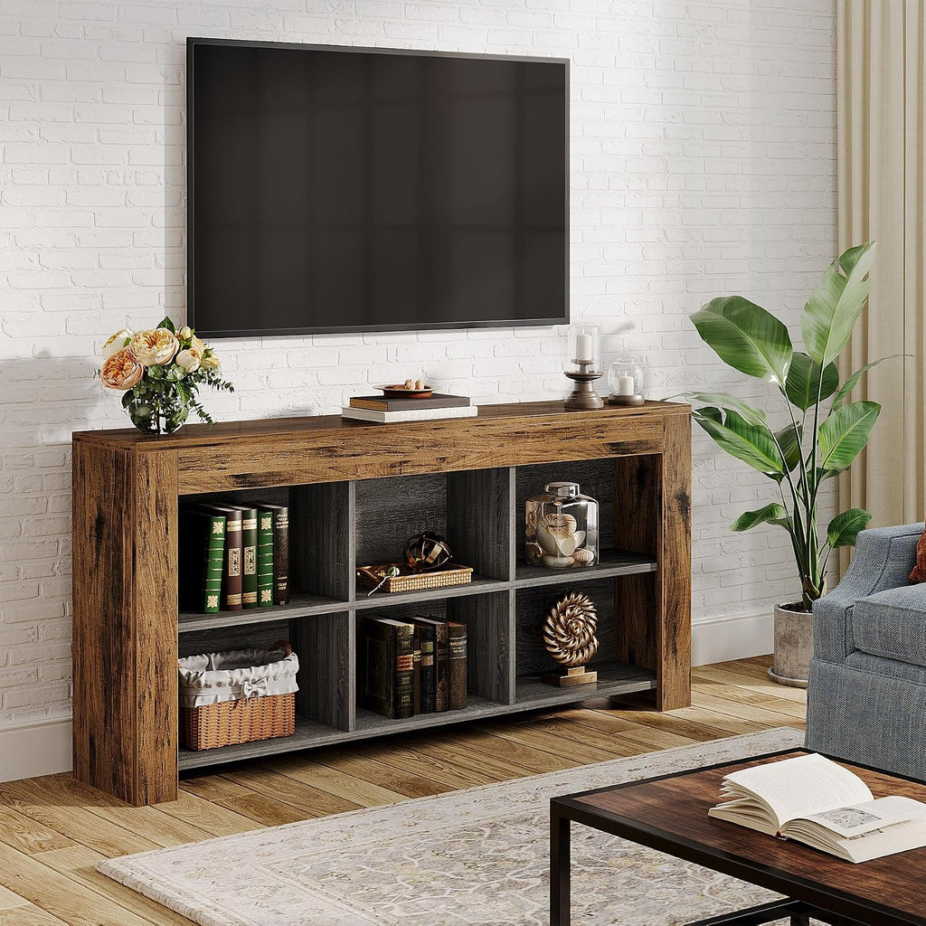 Tribesigns 63-Inch Long Console Table, Rustic Wood Entryway Table with 6 Storage Cubes, Industrial Narrow Sofa Table Behind Couch Table for Living Room, Hallway