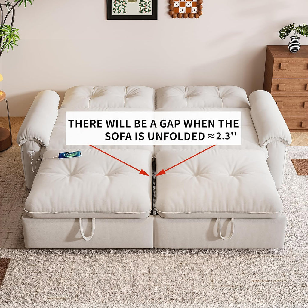 77' Queen Size Sofa Bed, Loveseat Sleeper Sofa with Pull Out Bed, Pockets and USB, Modern 2 Seater Convertible Small Couch for Living Room Bedroom Apartment, Beige