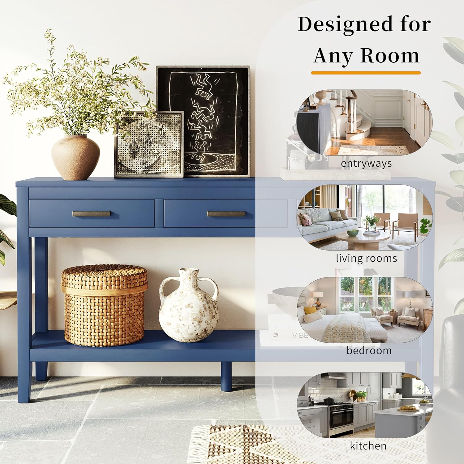 Merax Entryway Console Table, with 3 Storage Drawers, Bottom Shelf Design/Wood Frame/Behind Couch & Sofa, Blue