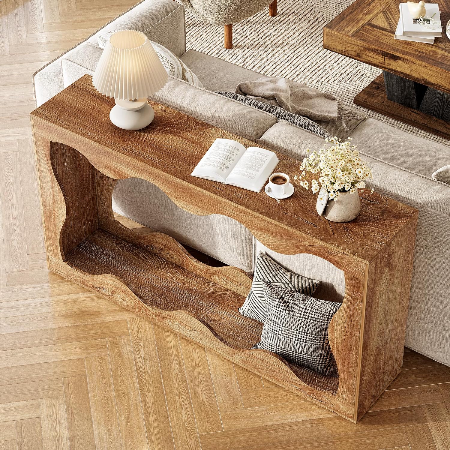 LITTLE TREE 63-Inch Console Table, Chic Design, Sofa Table Behind Couch, Farmhouse Console with Build-in Storage Space for Entryway, Living Room, Hallway