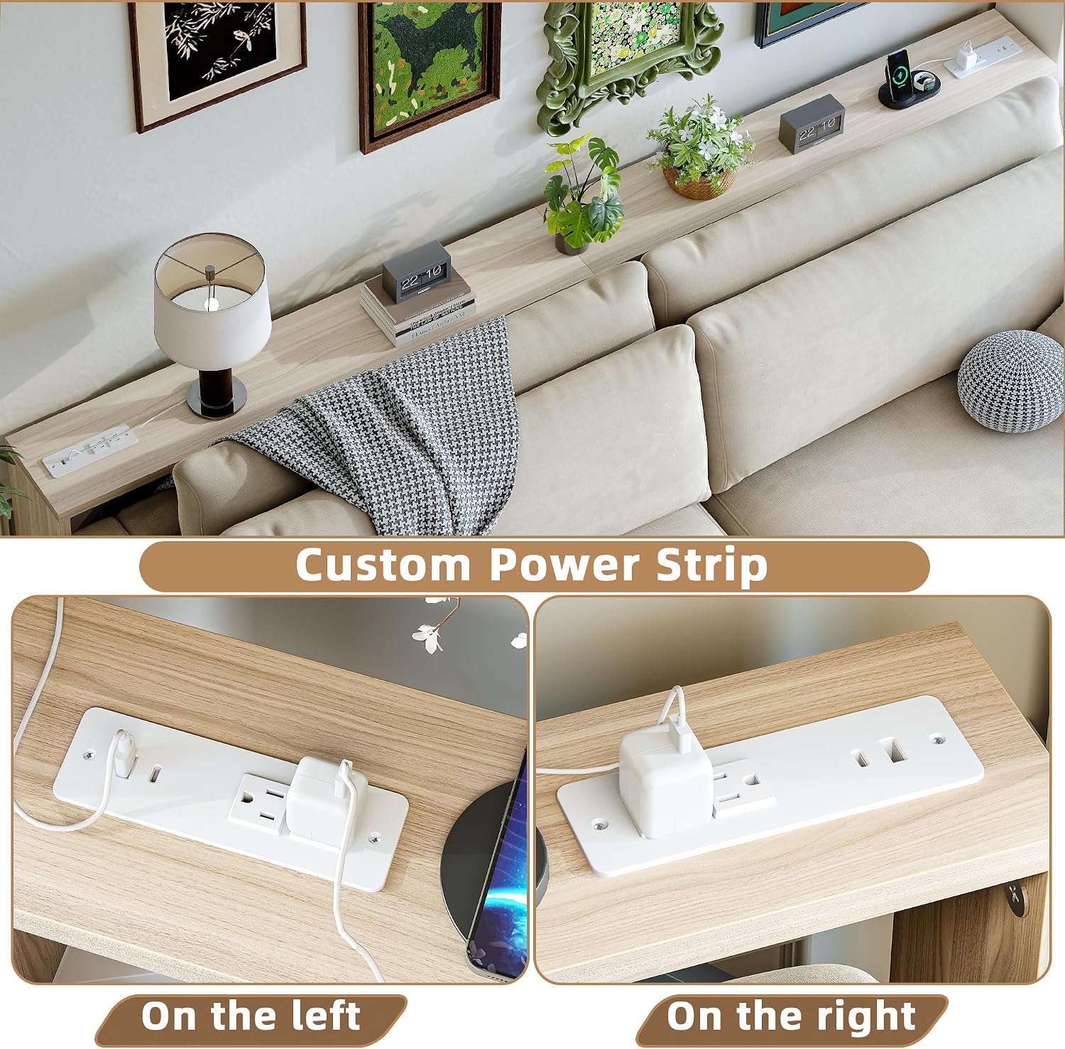 TIQLAB 9.1 Inch Narrow Console Table with Power Outlet,Sofa Table Set of 2，Total Length 94'' Sofa Table Behind Couch，for Entryway&Living Room, Light Walnut
