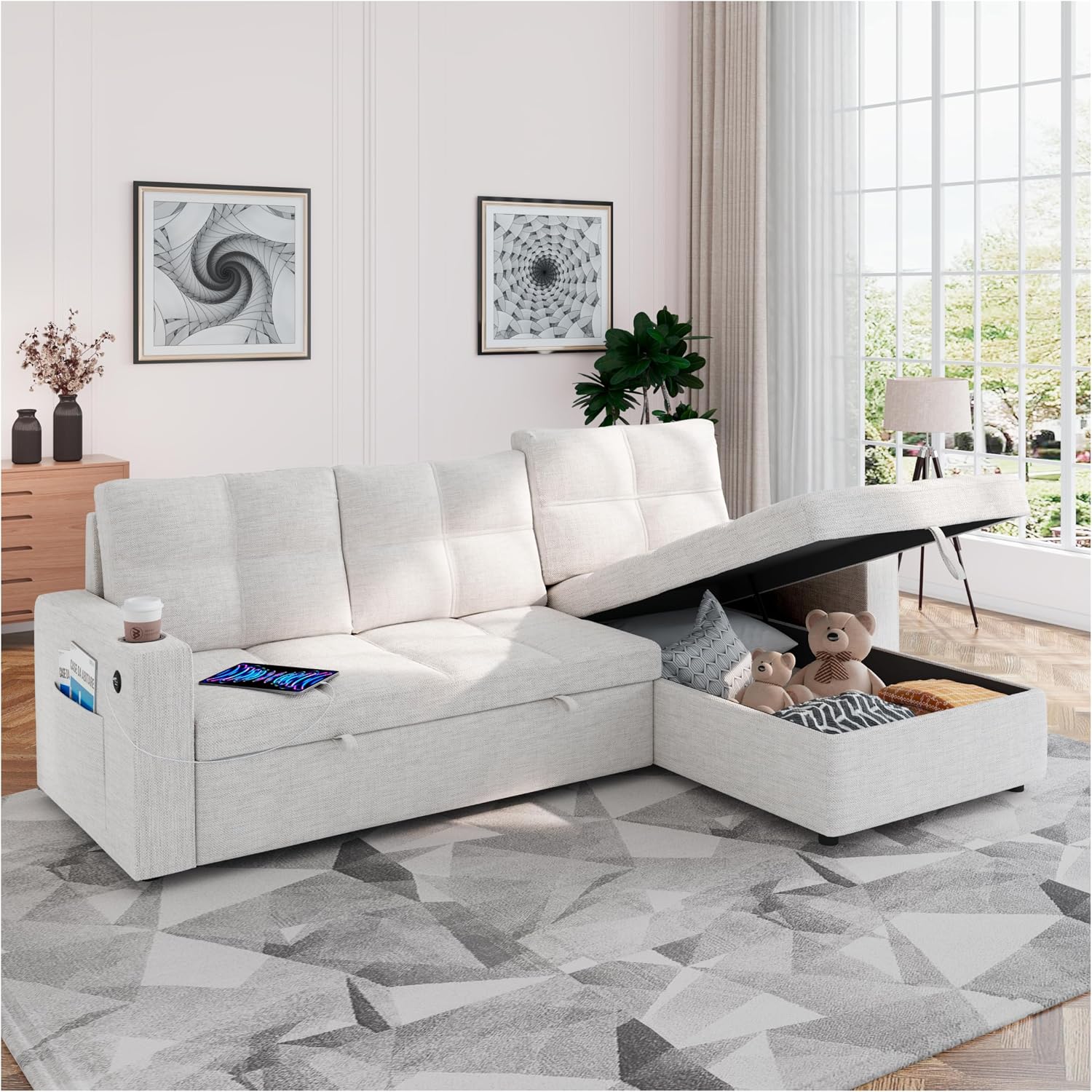 85 Inch Dual-Use Sectional Sleeper Sofa - Pull Out Bed with Storage Chaise, Removable Backrest, USB Ports & Cup Holder for Home Light,Beige