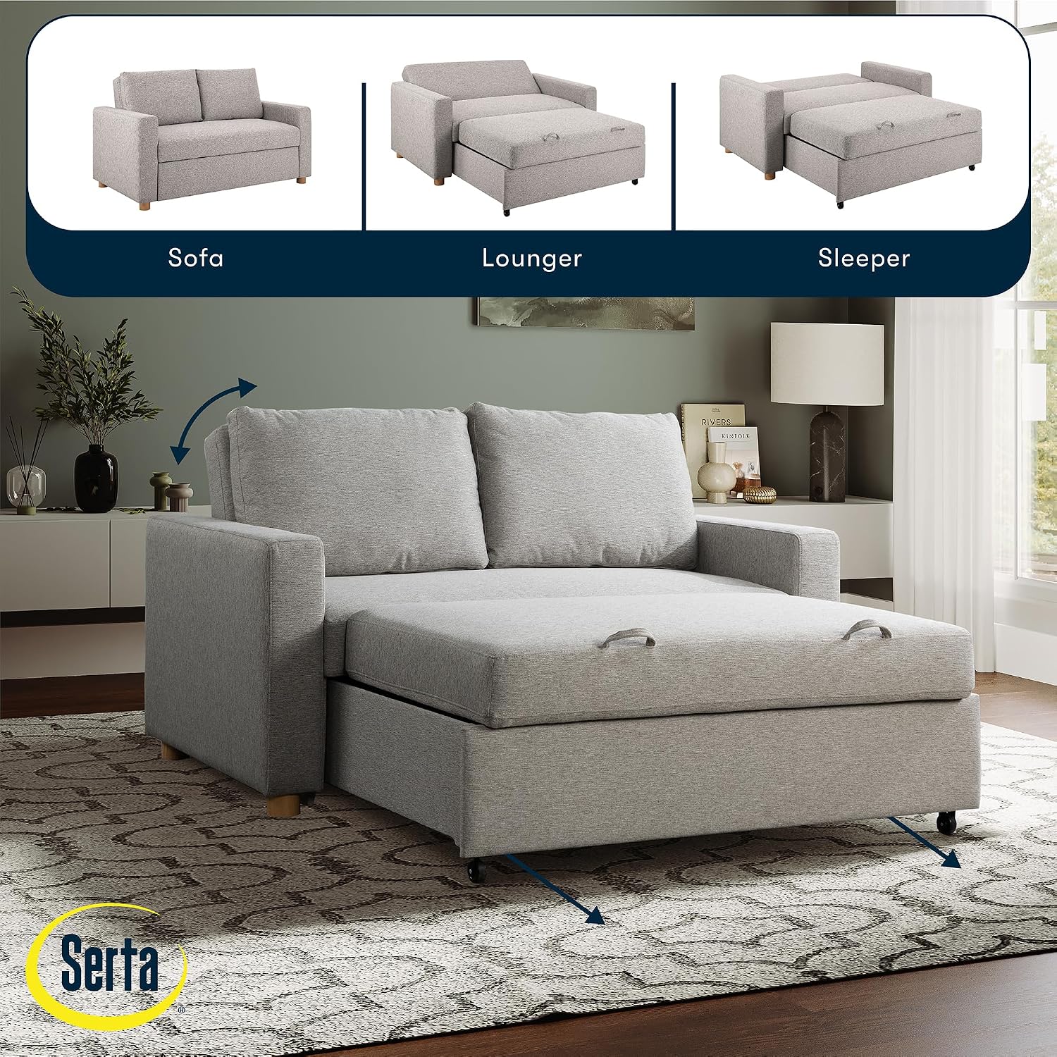 Serta Tulsa 66.1' Convertible Sleeper Loveseat, Full Size, Dreamcoil Comfort, FingerGuard Pinch Point Protection, Woven Fabric, Light Grey
