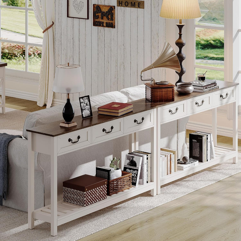 ChooChoo Farmhouse Console Table with 3 Drawers, Rustic Entryway Table, Narrow Long Sofa Table for Living Room, Hallway, Behind Couch, Soft White and Brown