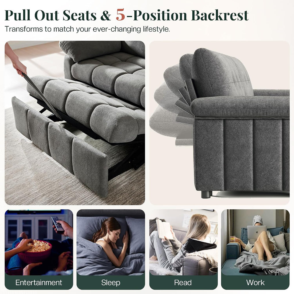 Jocisland 93' 4-in-1 Convertible Sofa Bed, Full Size Cloud Sleeper Sofa, Tufted Chenille, 5-Position Adjustable Backrest, 10-Minute Tool-Free Assembly, Couches for Living Room Guest Room, Gray