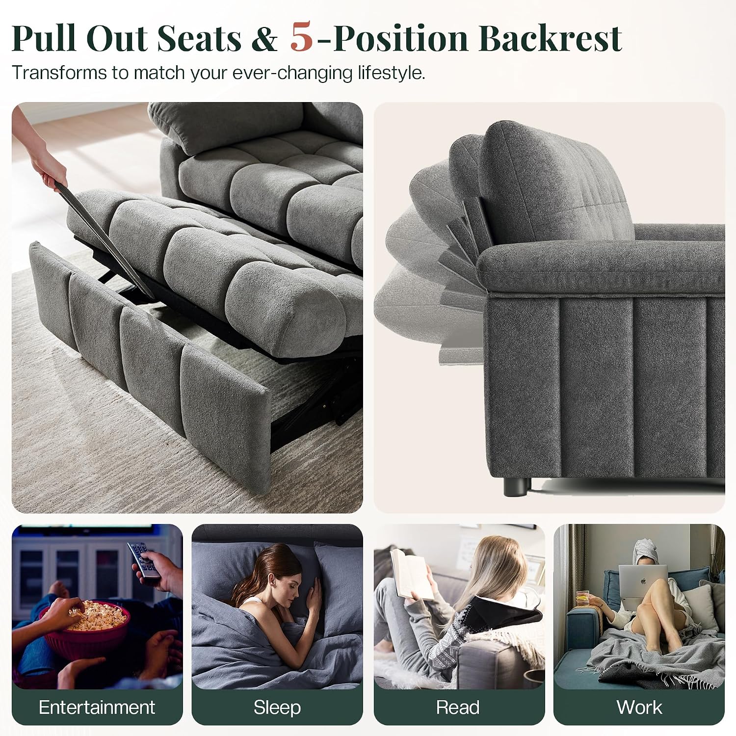 Jocisland 93' 4-in-1 Convertible Sofa Bed, Full Size Cloud Sleeper Sofa, Tufted Chenille, 5-Position Adjustable Backrest, 10-Minute Tool-Free Assembly, Couches for Living Room Guest Room, Gray