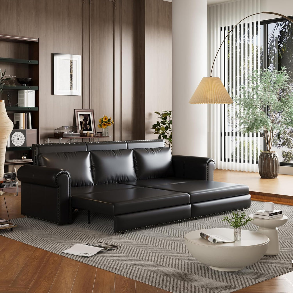 93.7' King Size Sofa Bed Couch,PU Leather 3-in-1 Convertible Pull Out Sleeper Sofa Bed,Chesterfield Sofa with Nailhead Trim and Rolled Arm,Black
