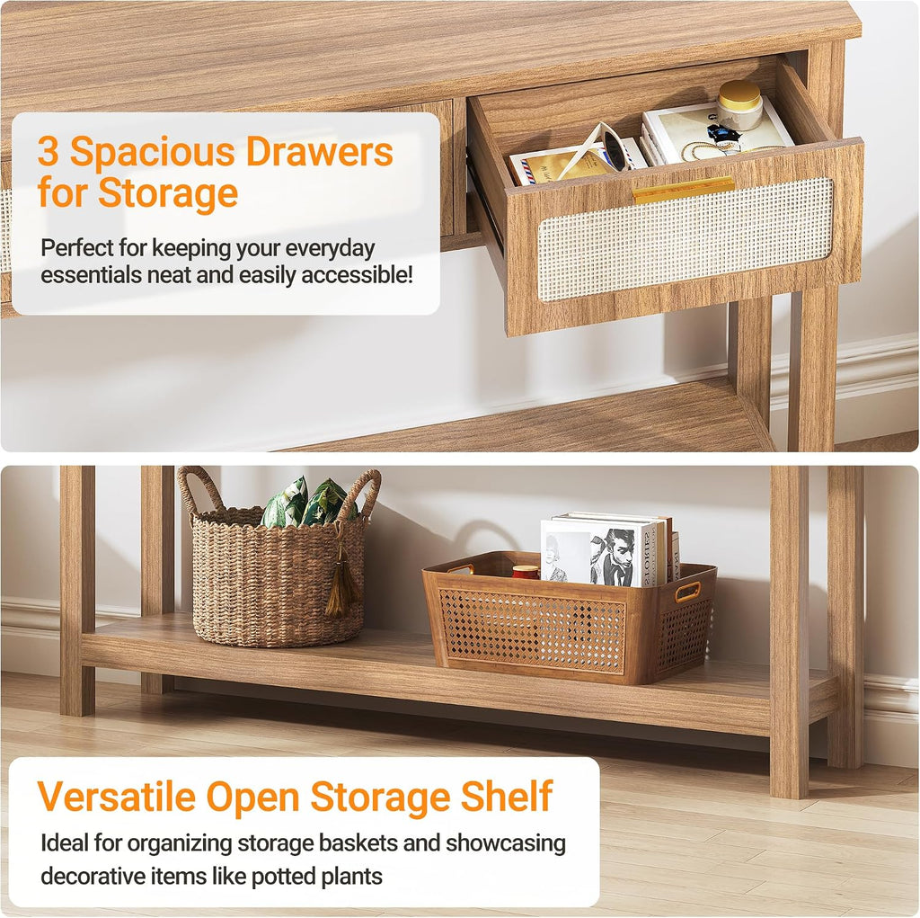 ELYKEN 51.2' Entryway Table with 3 Rattan Drawers, Boho Console Table Narrow with Storage, Long Sofa Table for Behind Couch Entry Hallway, Entrance, Living Room, Oak Brown