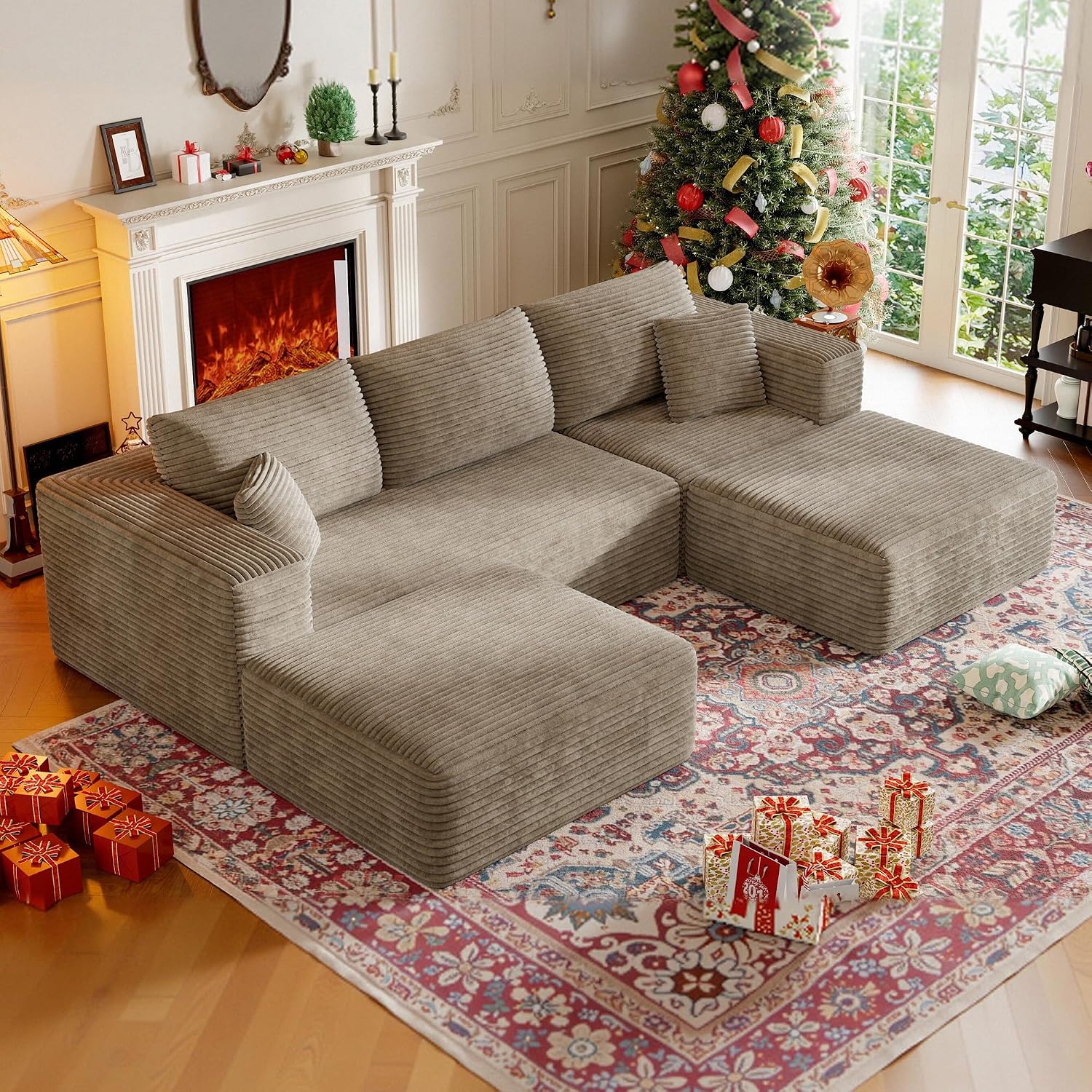 CHORRO107''Sectional Cloud Couch for Livingroom,Modular Corduroy Boneless Couch, U-Shaped Sofa with Chaise and Pillows,4-Deep Seat Sectional Sofa with 2 Ottoman,No Assembly(Camel)