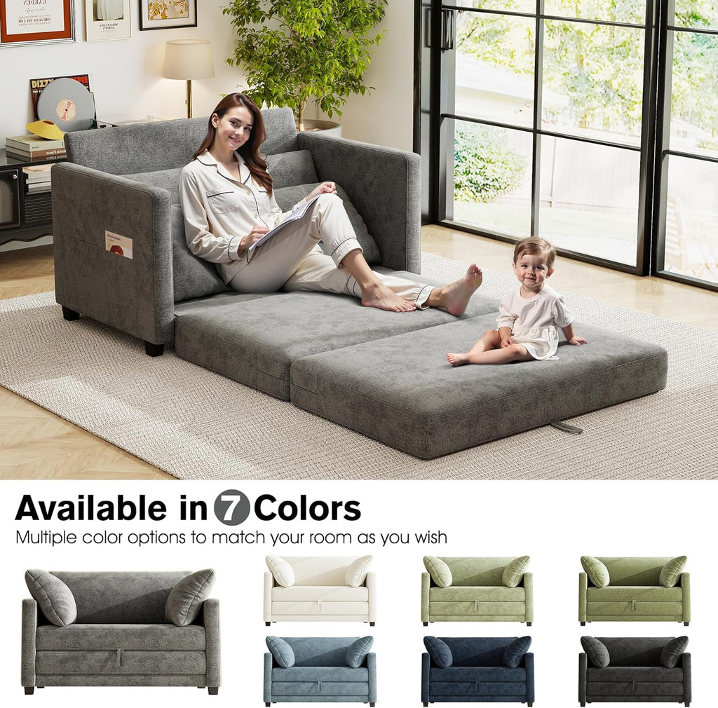 51' Loveseat Sleeper Sofa Bed, Chenille Convertible Floor Sofa Bed for Small Spaces, Folding Couch Bed with Deep Seat, 2 Pillows & Solid Frame, Pull Out Floor Couch for Living Room, Grey