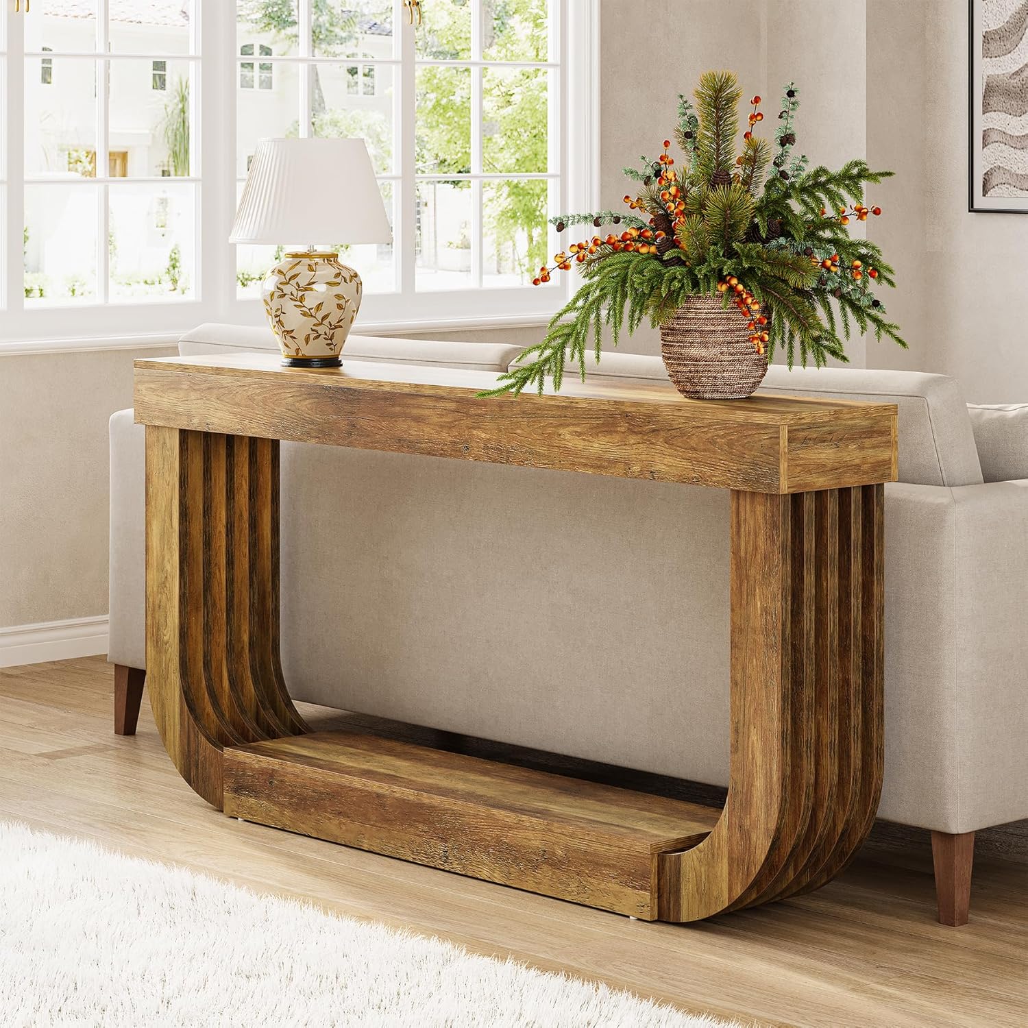 LITTLE TREE 70.9-Inch Extra Long Narrow Console Table, 2-Tier Brown Wooden Sofa Table for Living Room, Large Hallway Foyer Table with Heavy Duty U-Shaped Pedestal