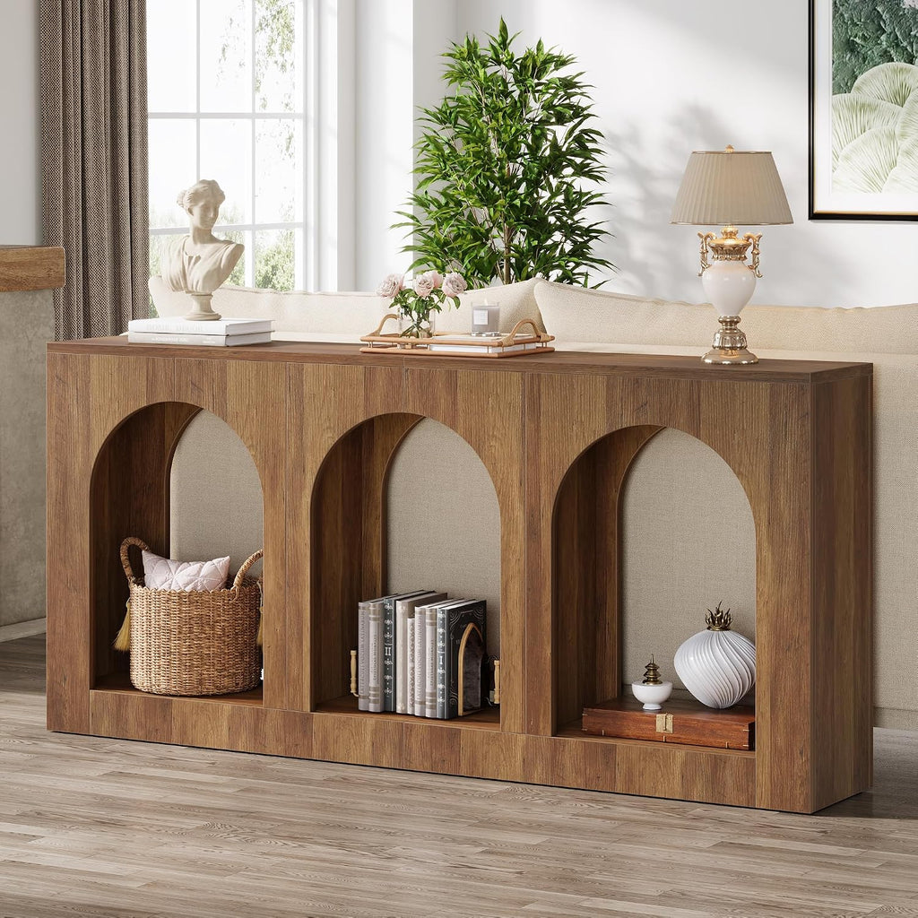 Tribesigns 70.9' Console Table with Storage, Wood Entryway Entry Table with 3 Arched Shelves for Foyer, Hallway, Living Room, Behind Couch Sofa, Narrow Long, Brown