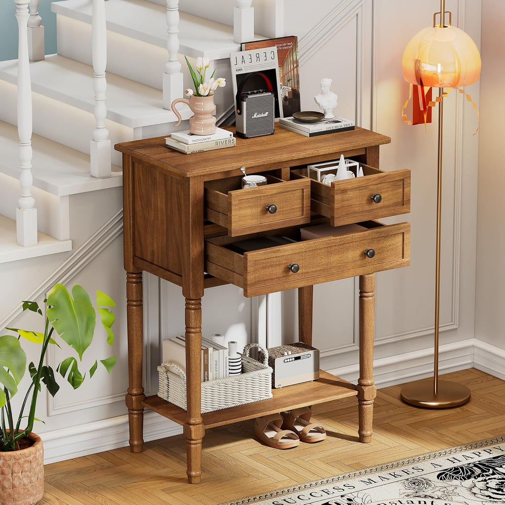 Merax Narrow Console Table, Elegant Slim Entryway Table Sofa Table with Three Storage Drawers and Bottom Shelf for Entryway for Hallway, and Living Room (Natural)